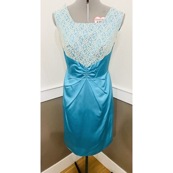 Vintage Turquoise Sleeveless Satin Sheath Dress White Lace Papillon - Picture 2 of 11